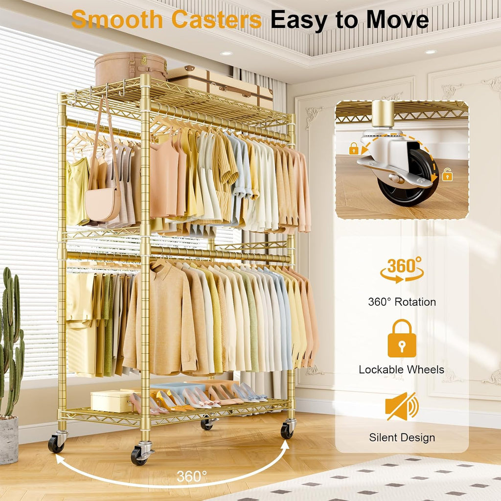 ULIFHOME P4 Plus Rolling Clothes Rack Heavy Duty, Clothing Racks for Hanging Clothes, Free Standing Garment Racks with Wheels, Portable Closet Rack 45'' W × 20.5'' D × 80.5'' H, Max Load 570 Lbs, Gold
