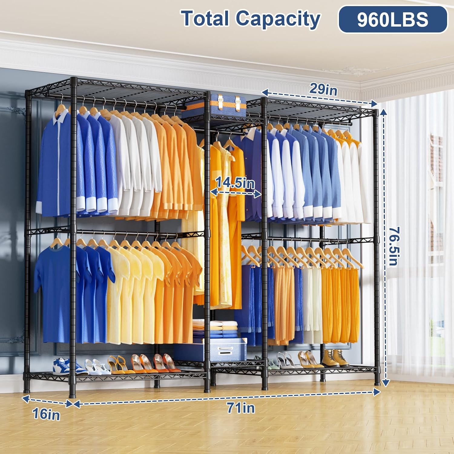 Ulif E12 Pro Clothes Rack，Heavy Duty Freestanding Garment Rack with Shelves，Metal Clothing Closet Storage System for Hanging Clothes，71' W x 16' D x 76.5' H, Hold 960 lbs，Black