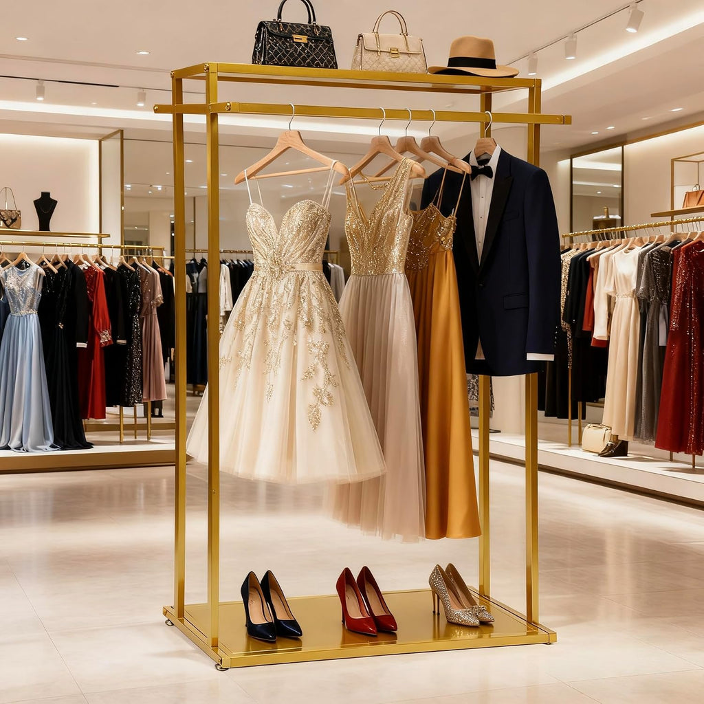 Retail Clothes Display Wedding Dress Rack Heavy Duty Metal Gold Garment Rack, Clothing Store Studio Boutique Racks for Hanging Long Dresses Wedding Dress Commercial Floor-Standing Shelves 67 inch