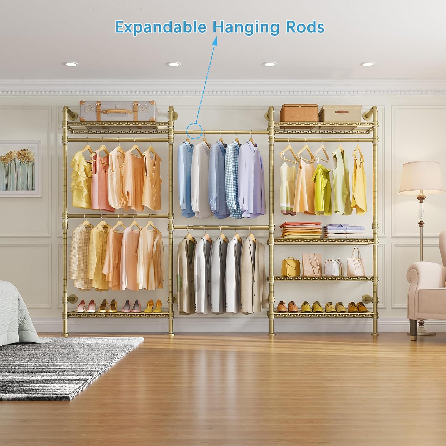 Timate L3 L Shape Gold Heavy Duty Clothes Rack, Industrial Pipe Wall Mounted, Adjustable 6 Shelves, 5 Closet Rods, Space Saving