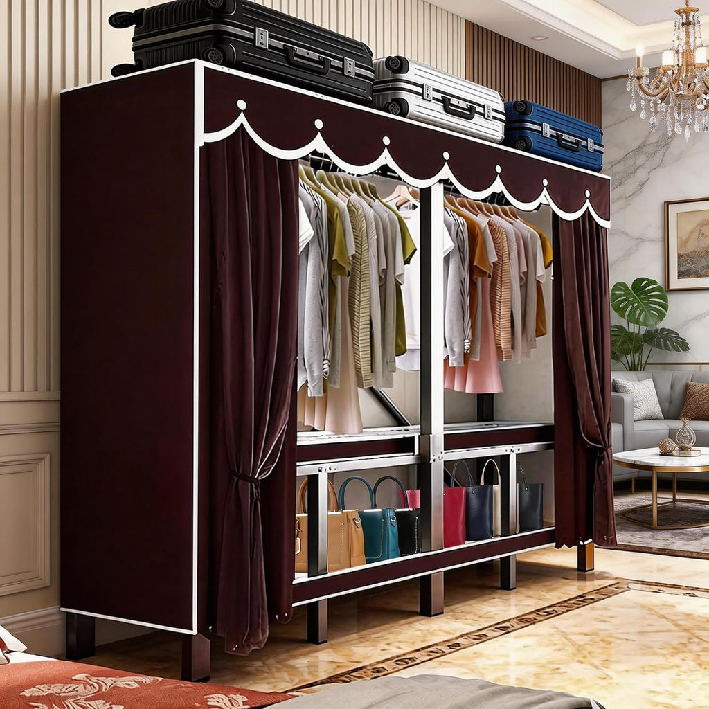 95.3in Foldable Portable Wardrobe Closet with Cover, Heavy Duty Clothing Rack for Hanging Clothes has 59in Vertical Storage Space, Coffee Metal Garment Rack (Coffee)