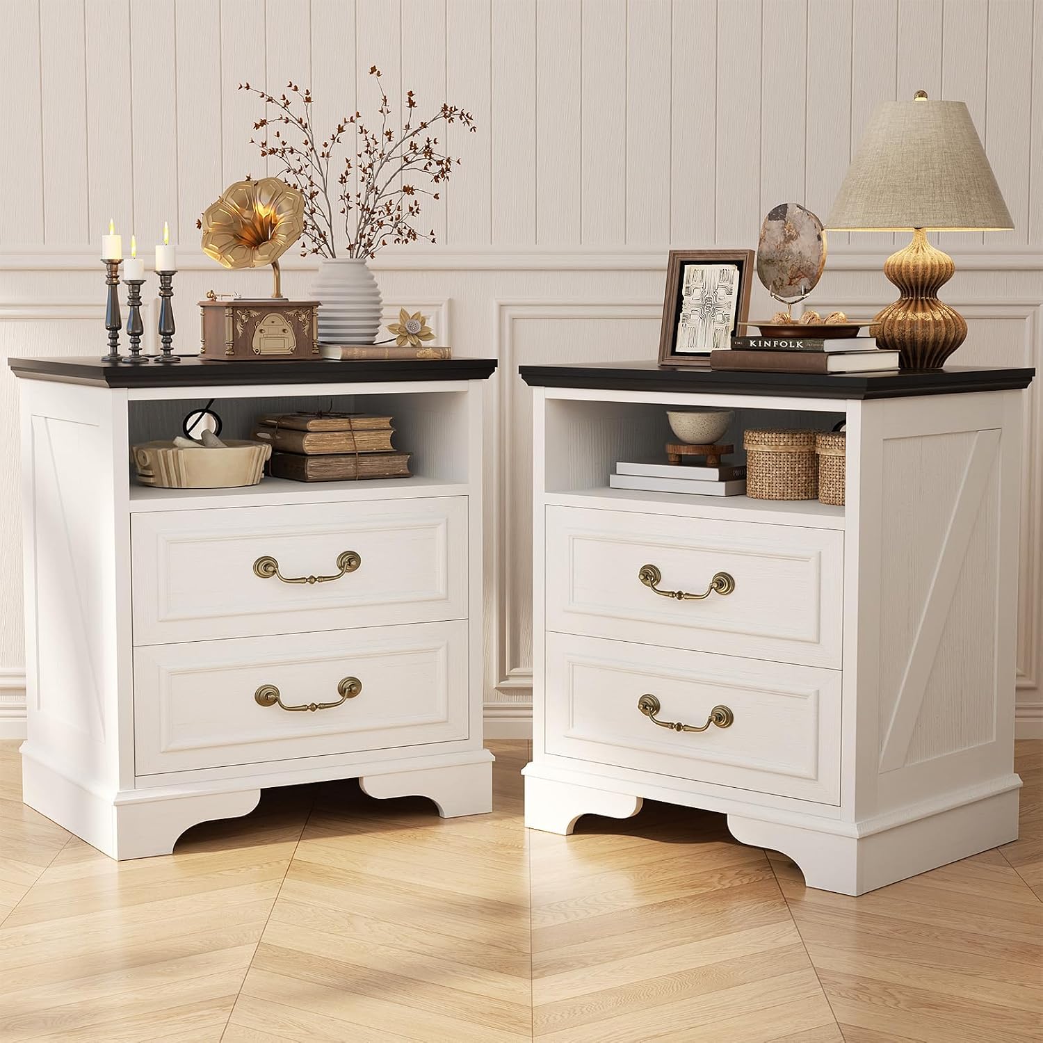 Unikito Farmhouse Nightstands Set of 2, Night Stands with Charging Station, Bedside Table with 2 Large Drawers & Vintage Handles, Side Table with Open Storage for Bedroom (Antique White)