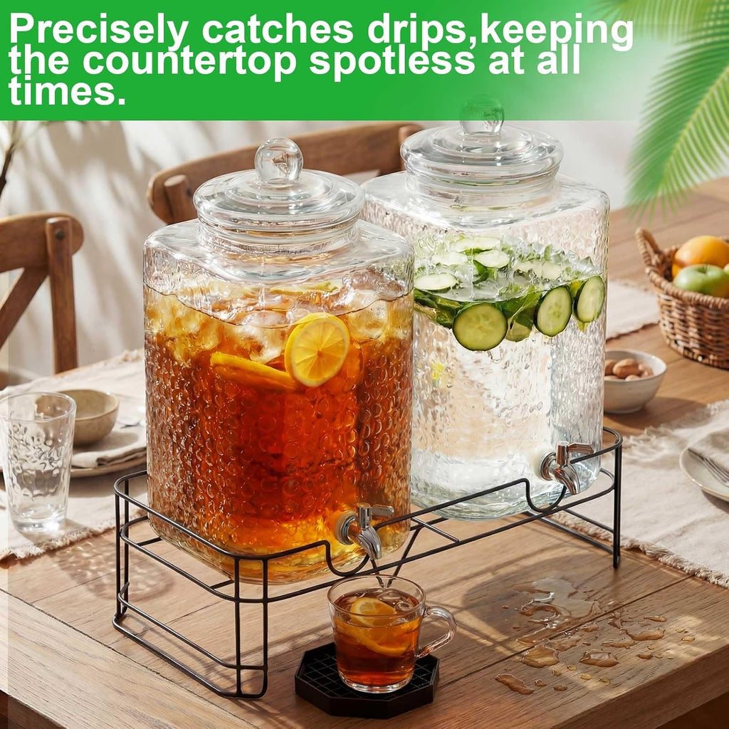 2 Pack 5 Gallon Drink Dispenser with Stand for Parties, Hammered Glass Beverage Dispensers, Stainless Steel Spigots and Drip Trays, Water Jar Jug for Lemonade, Juice, Tea and Party Drinks