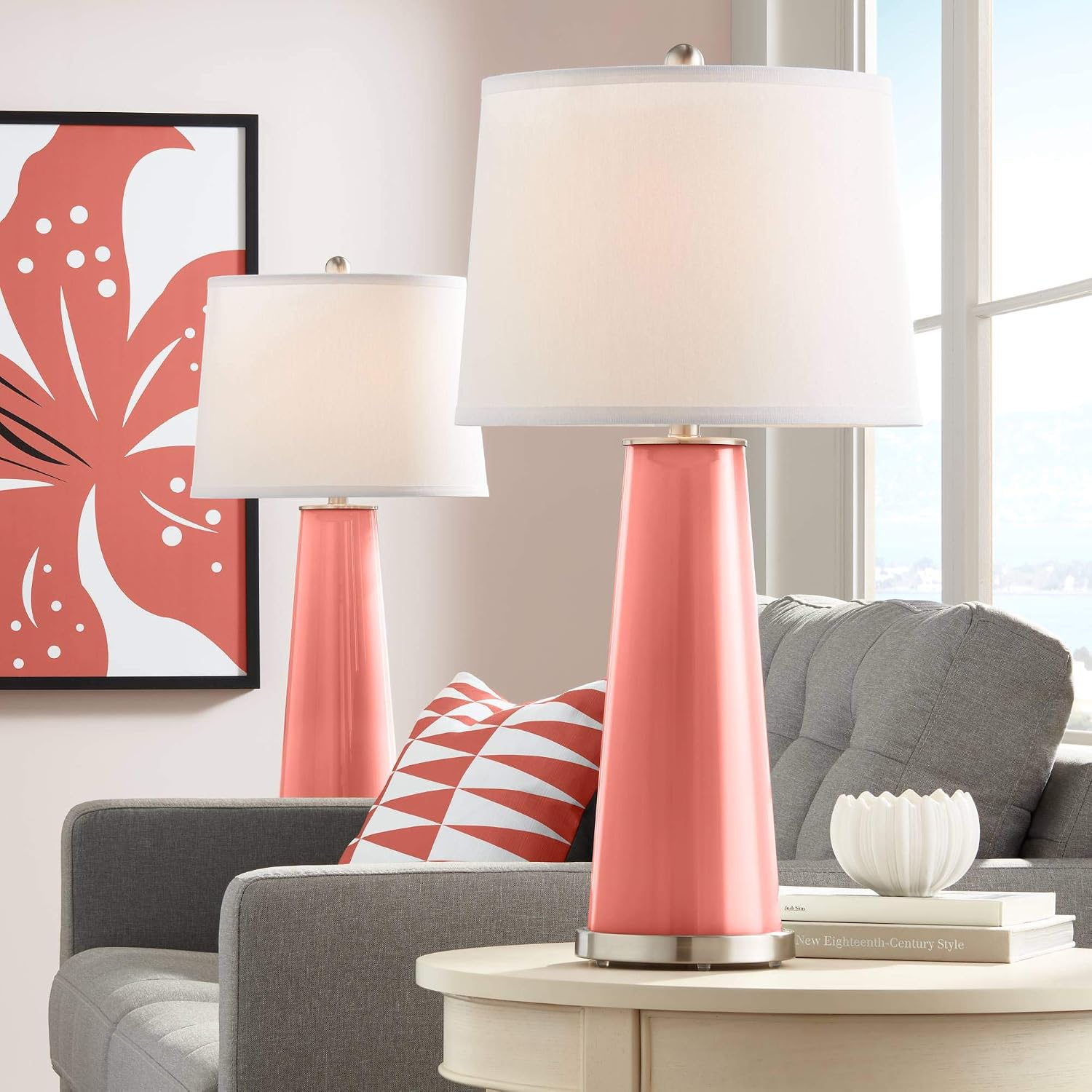 Color + Plus Leo Modern Table Lamps 29 1/2' Tall Set of 2 Coral Reef Glass Tapered Column Plain White Drum Shade Decor for Bedroom Living Room House Home Bedside Nightstand Office Family