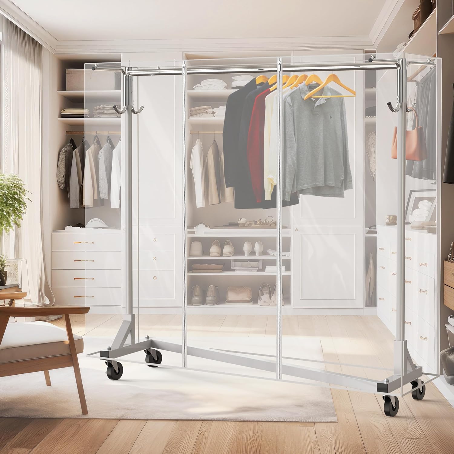 Simple Houseware Industrial Grade Z-Base Garment Rack, 500lb Load with 62' Extra Long bar w/Clear Cover and Tube Bracket