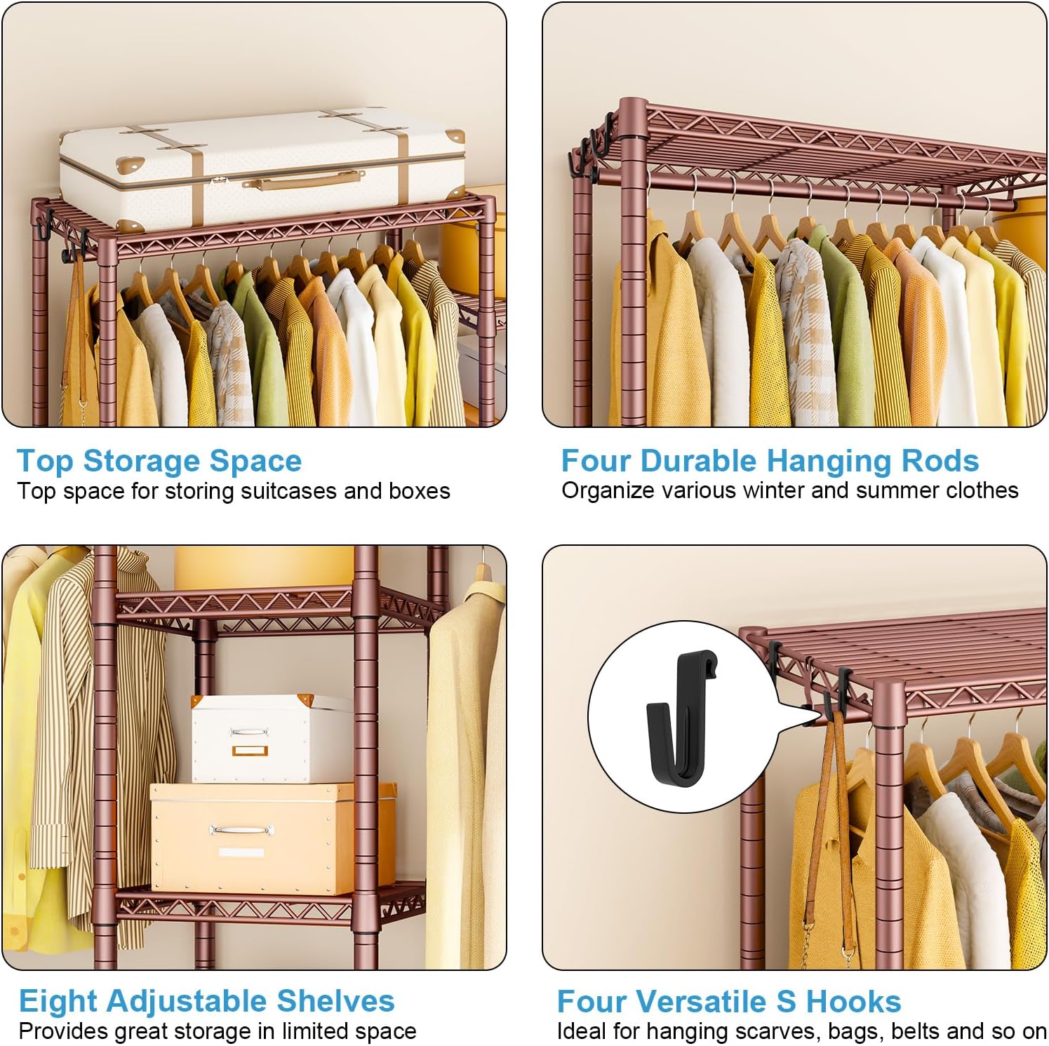 Ulif E4L L-shaped Clothes Rack, Heavy-Duty Garment Rack, Metal Freestanding Clothing Organization Storage System with Shelves and Hangers, Max Load 962lbs, 42.7' W x 42.7' D x 79.3' H, Bronze