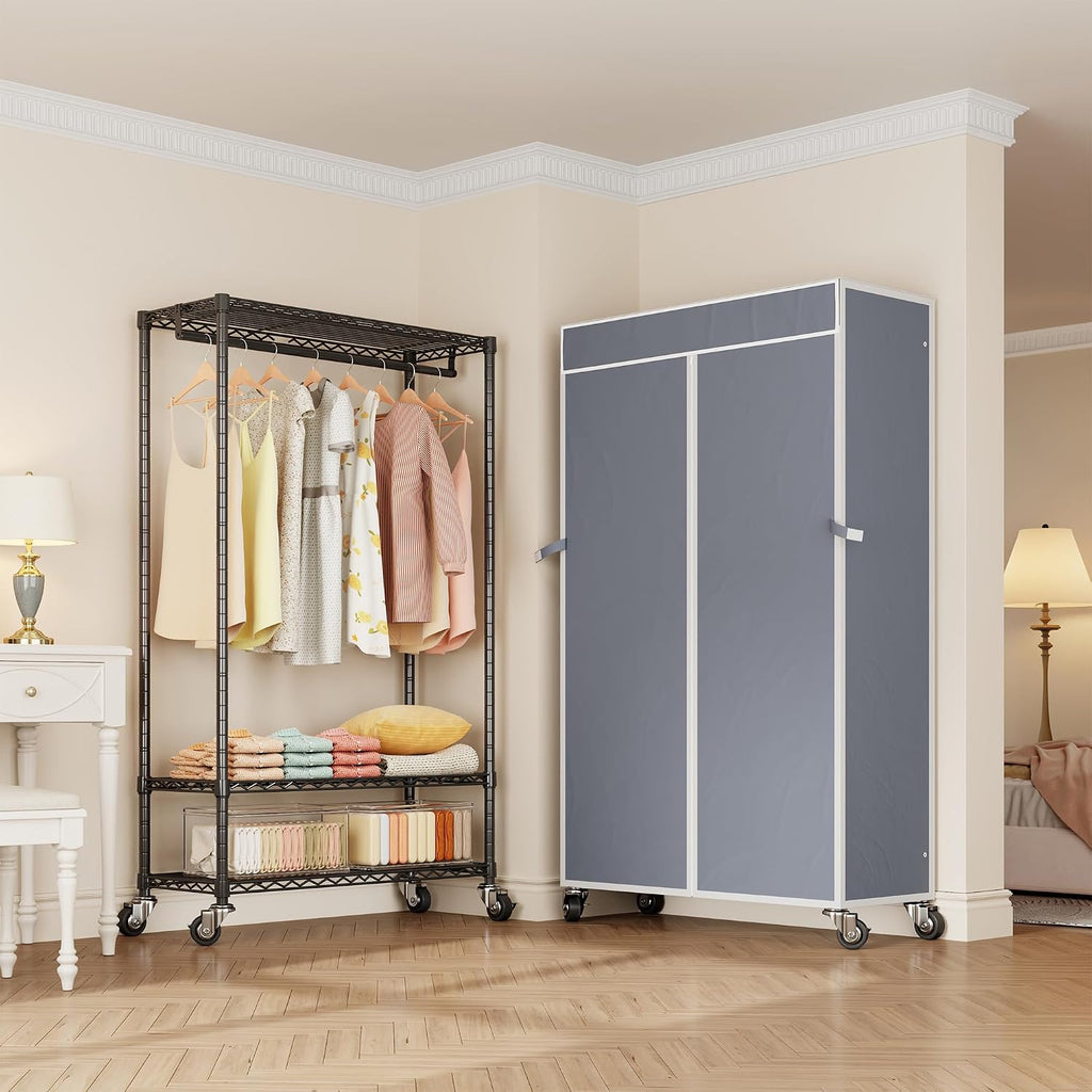 Higeego H4 Heavy Duty Clothes Rack with Cover, Rolling Garment Rack on Wheels, Portable Closet for Hanging Clothes, Black Clothing Rack with Grey Cover, Max Load 380LBS