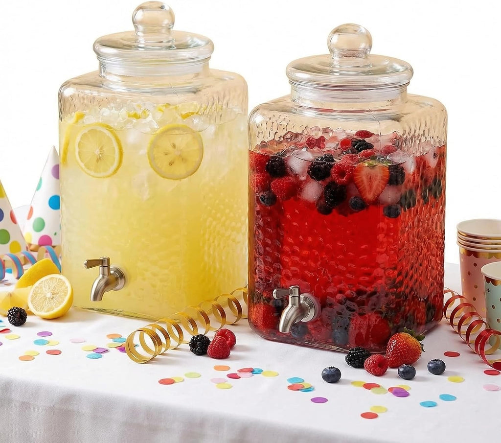 2 Pack 5 Gallon Glass Water Drink Dispenser for Party, Hammered Glass Beverage Dispenser, Water Jug Container with Stainless Steel Spigot for Parties, Weddings, Catering, Lemonade, Iced Tea