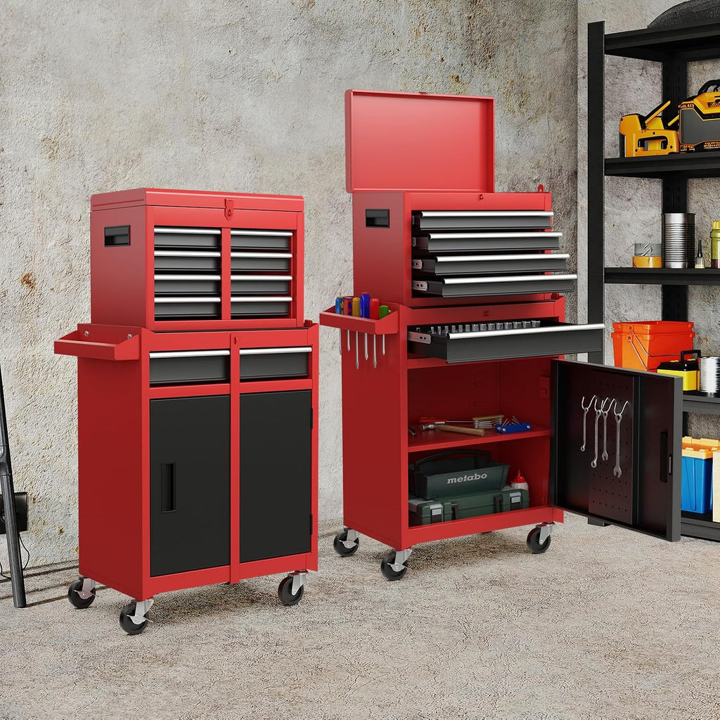 IRONMAX 5-Drawer Rolling Tool Chest, 2-in-1 Detachable Heavy Duty Tool Box Storage Cabinet with Auto Lock, Adjustable Shelf & Hooks, Metal Toolbox on Wheels for Garage Workshop (Black & Red)