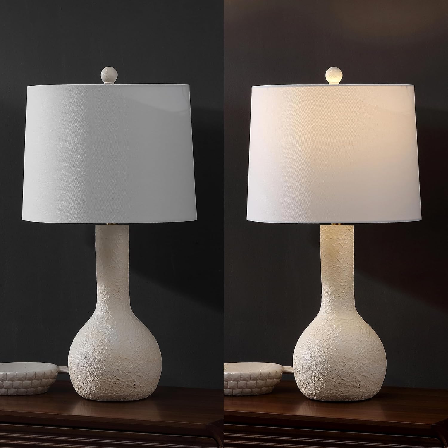 JONATHAN Y 24.75' Antique White Modern Table Lamp Set of 2 for Bedroom, Scandinavian Textured Gourd Lamps for Living Room, White Linen Shade, LED Bulbs Included JYL9207A-SET2