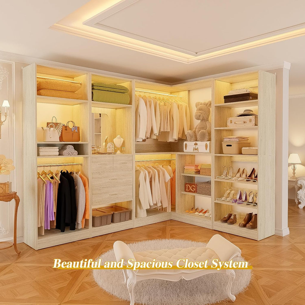 Unikito 110' Closet System with Drawers, 9.3FT Corner Closet Organizer with 4 Hanging Rods, Reversible Large Wood L Shaped Walk in Closets Wardrobe with Shoe Shelves, Set of 4, White Oak