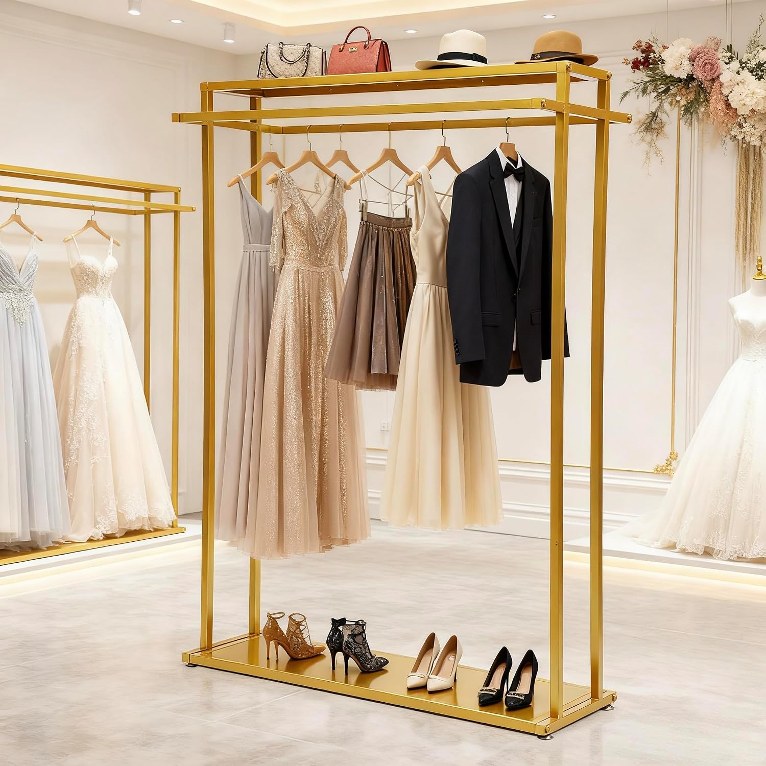 Retail Clothes Display Wedding Dress Rack Heavy Duty Metal Gold Garment Rack, Clothing Store Studio Boutique Racks for Hanging Long Dresses Wedding Dress Commercial Floor-Standing Shelves 67 inch