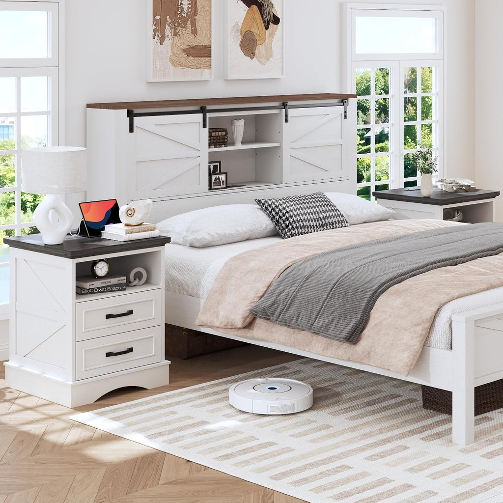 Fluest 24' Tall Farmhouse Nightstands Set of 2, Night Stands with Fast Charging Station, Beside Tables with Drawers and Open Storage, Rustic End Tables for Bedroom, Antique White