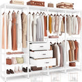 Aheaplus Wood Clothes Rack Wardrobe Closets for Hanging Clothes Heavy Duty Garment Rack, Large Corner L Shaped Closet System Organizer Walk-in Closet for Bedroom with 3 Wood Drawers, Pure White