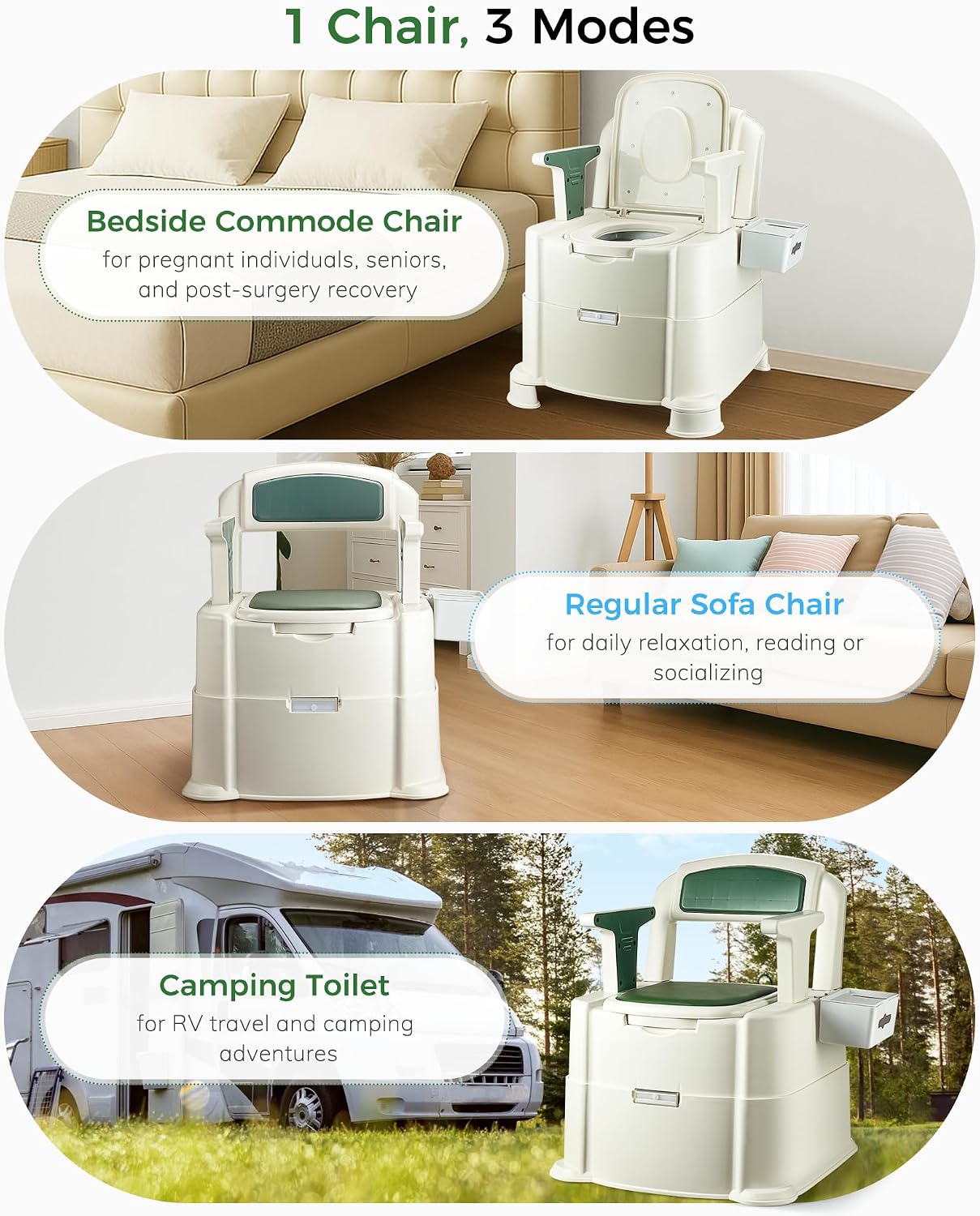 Bedside Commode, 500lbs Heavy Duty & Upgraded Commode Toilet Potty Chair, Portable Camping Toilet, Detachable Armrests, Automatic LED Light, 2-Level Height, 3 Rolls of Commode Liners 【Green】