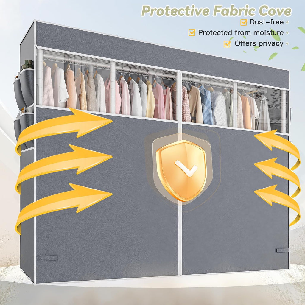 Raybee Clothes Rack with Cover,1150LBS Heavy Duty Clothing Rack for Hanging Clothes,Adjustable Portable,18' D x 76' W x 77' H,White