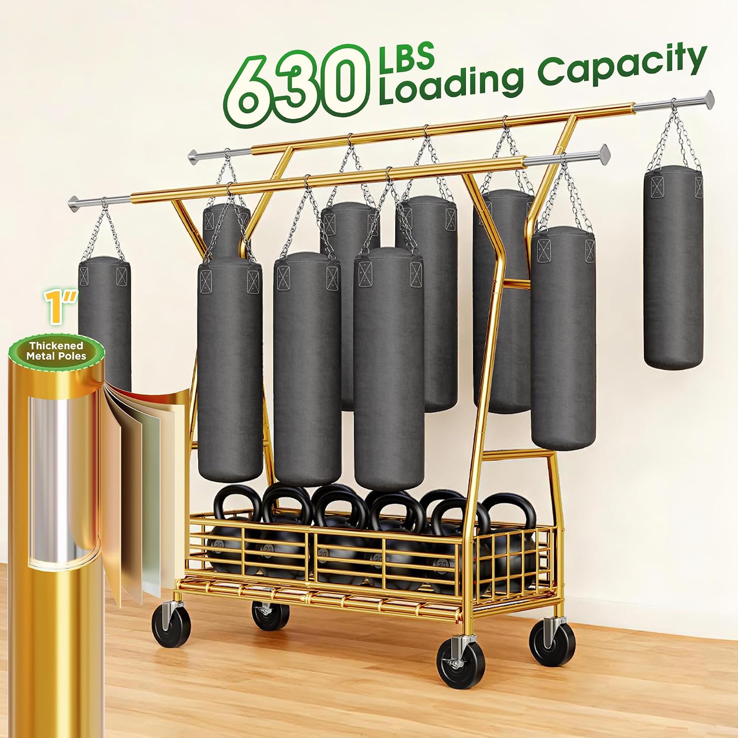 Raybee Heavy Duty Clothes Rack 630LBS, Double Rods Clothing Rack with Storage Basket, Portable Garment Rack for Heavy Clothes, Extendable & Adjustable, Bedroom, Closet, Commercial, Gold