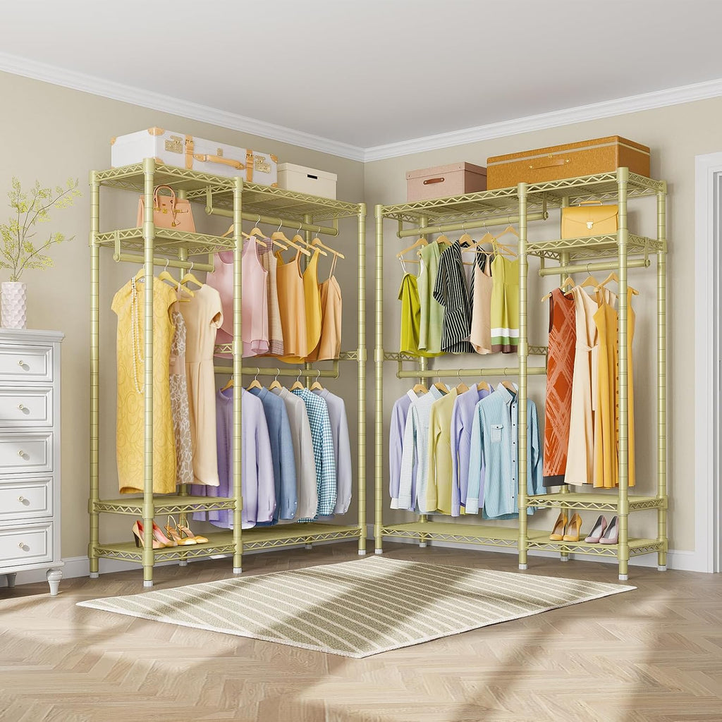 VIPEK V2 Heavy Duty Clothes Rack 4 Tiers Wire Shelving Garment Racks with 3 Hanging Rods Compact Freestanding Closet Metal Closet Rack, Max Load 700LBS, Gold