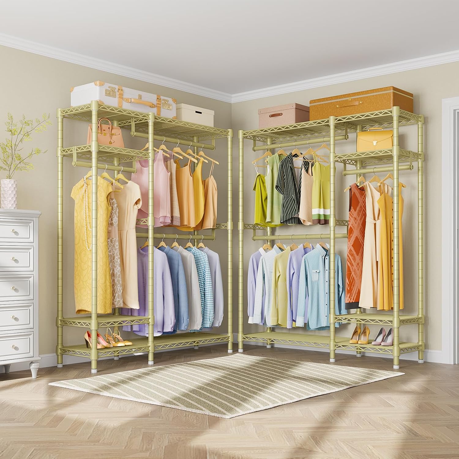VIPEK V2 Heavy Duty Clothes Rack 4 Tiers Wire Shelving Garment Racks with 3 Hanging Rods Compact Freestanding Closet Metal Closet Rack, Max Load 700LBS, Gold