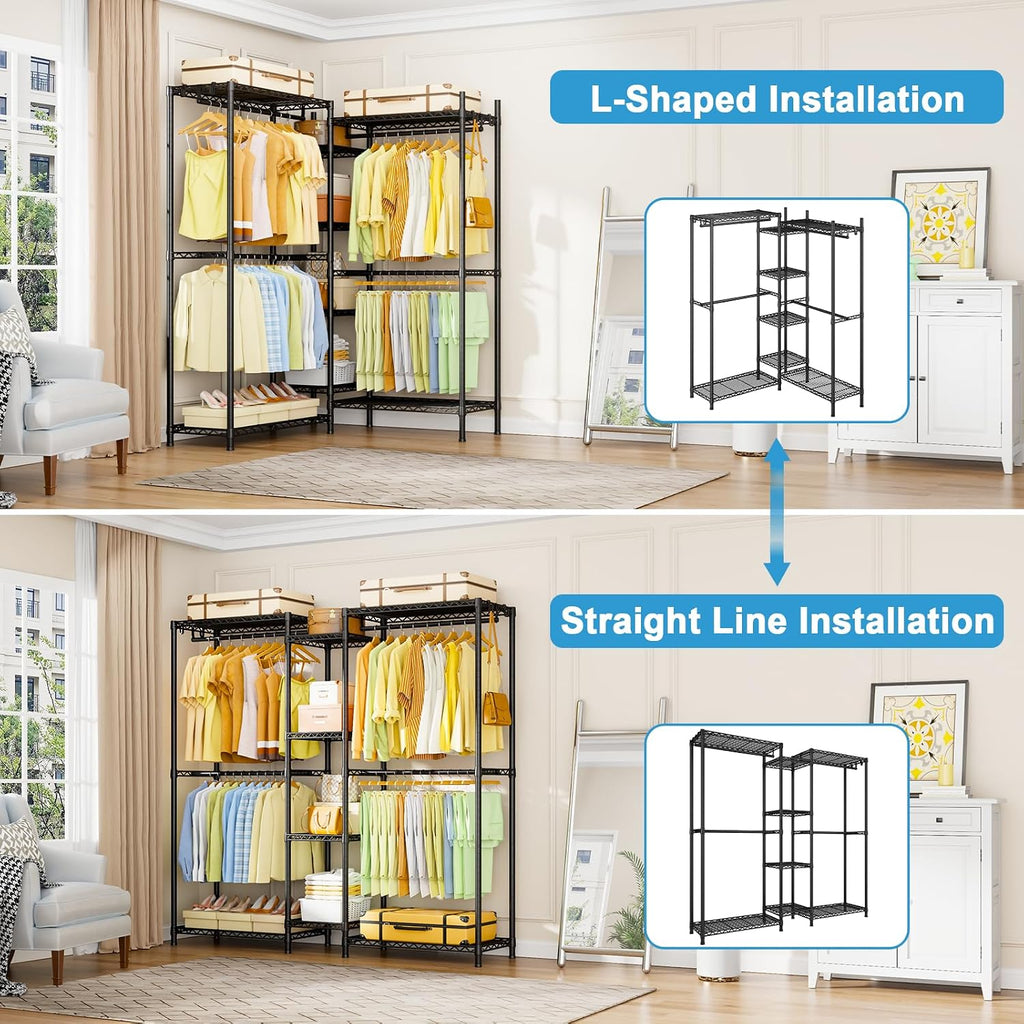 Ulif E4 Clothes Rack, Heavy-Duty Garment Rack, Metal Freestanding Clothing Organization Storage System Can Be L-Shaped with Shelves and Hangers, Max Load 962lbs, 71.6' W x 14.5' D x 79.3' H, Black