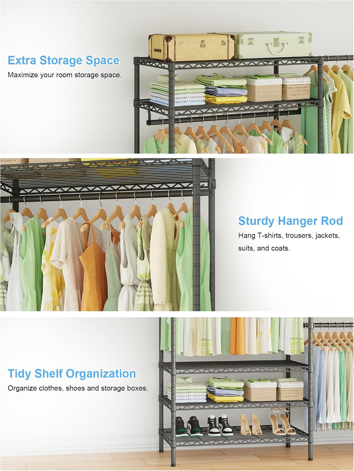 Ulif E11 Heavy-Duty Garment Rack, Metal Freestanding Clothes Rack and Closet Storage Organizer System with 8 Shelves and 4 Hanger Rods, (73.2-97.6)' W x 14.5' D x 71.2' H, Load 1034 LBS, Black