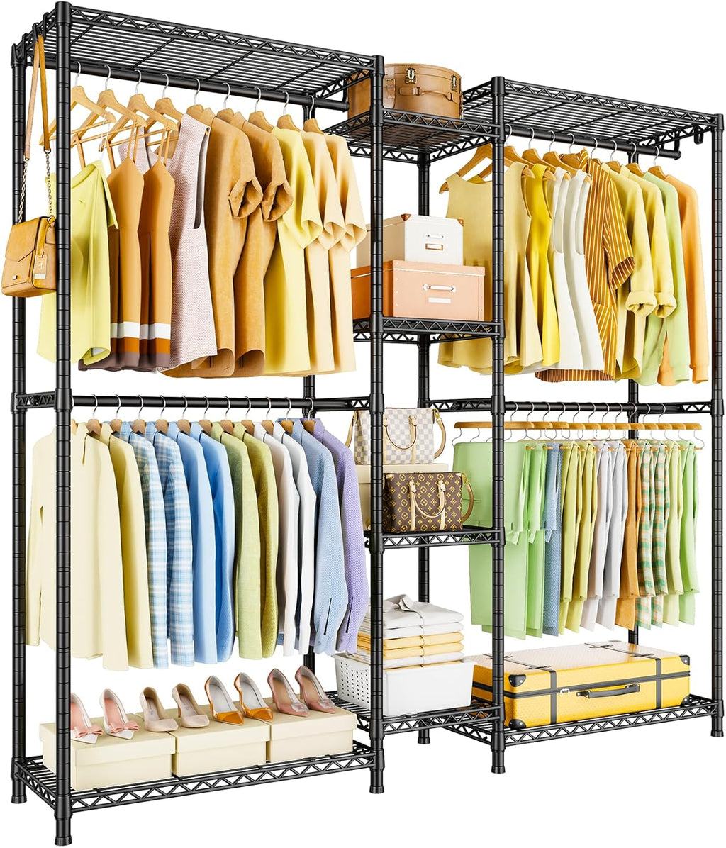 Ulif E4 Clothes Rack, Heavy-Duty Garment Rack, Metal Freestanding Clothing Organization Storage System Can Be L-Shaped with Shelves and Hangers, Max Load 962lbs, 71.6' W x 14.5' D x 79.3' H, Black