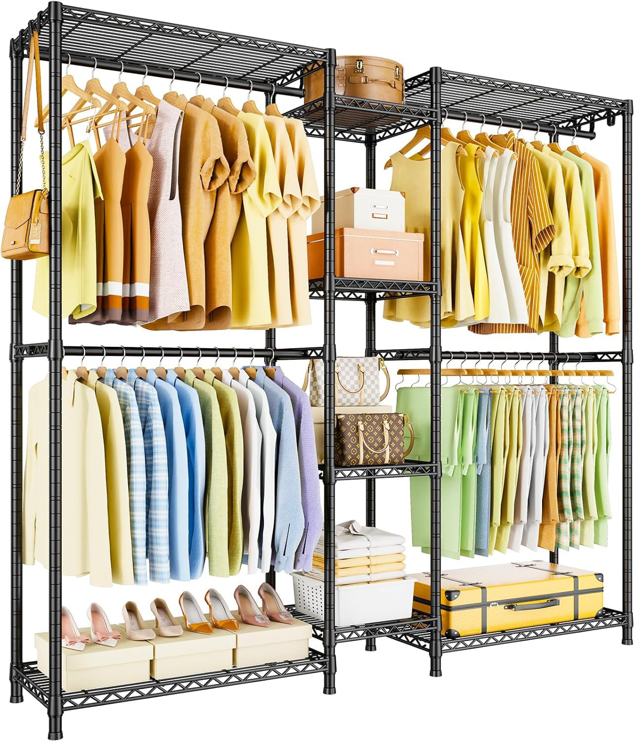 Ulif E4 Clothes Rack, Heavy-Duty Garment Rack, Metal Freestanding Clothing Organization Storage System Can Be L-Shaped with Shelves and Hangers, Max Load 962lbs, 71.6' W x 14.5' D x 79.3' H, Black