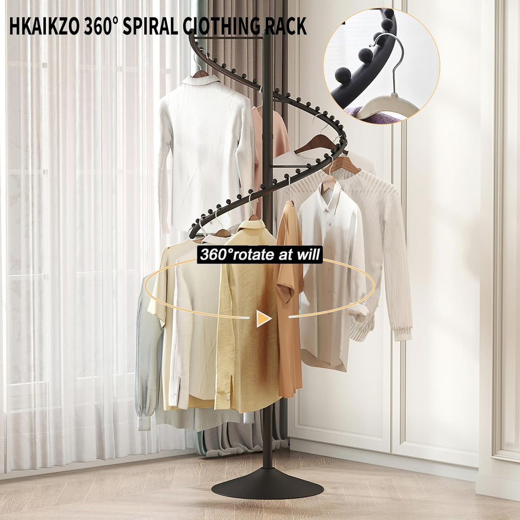 HKaikzo Freestanding 360° Rotating Clothing Rack, Height Adjustable Heavy Duty Metal Spiral Garment Display Rack Modern Coat Stand for Shops, Boutique, Entrance Hall, Bedroom Space Saving