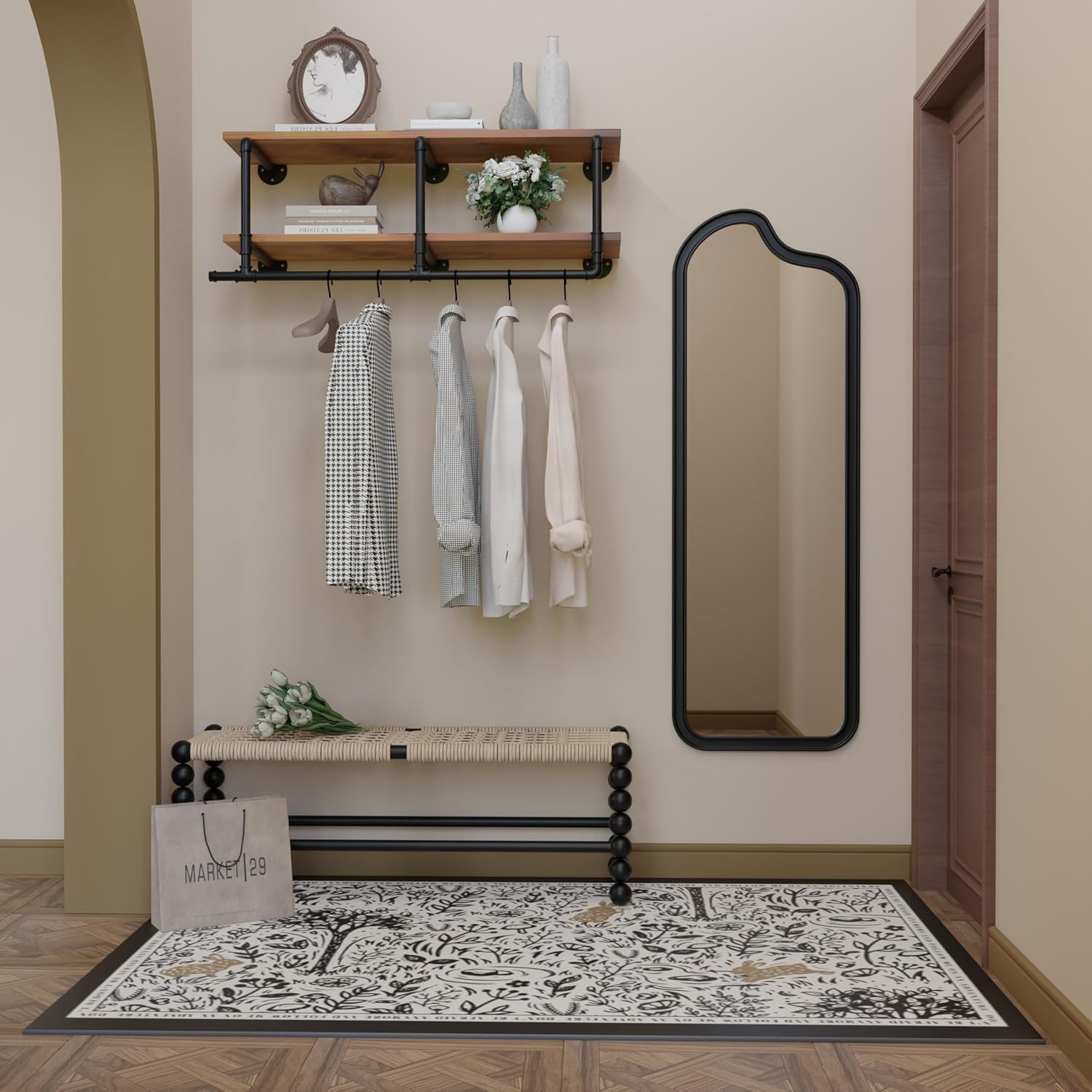 Wall Mounted Clothes Rack 12 Inch Deep, 42 Inch Heavy Duty Garment Rack with Real Walnut Wood Shelf, Multi-Purpose Hanging Rod & Space-Saving Closet Storage Organizer