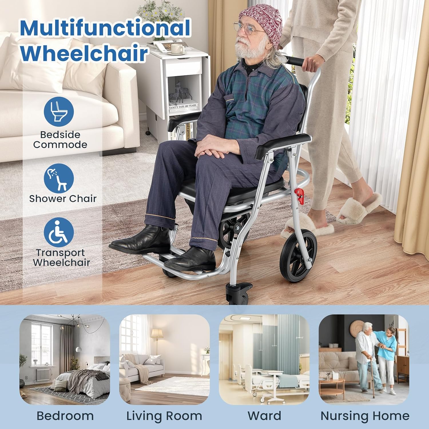Giantex Bedside Commode Wheelchair for Toilet - Foldable Shower Chair with Arms, Lockable Casters, Detachable Bucket, Transport Wheelchair, Rolling Bath Chair, Shower Seats for Elderly, Handicap