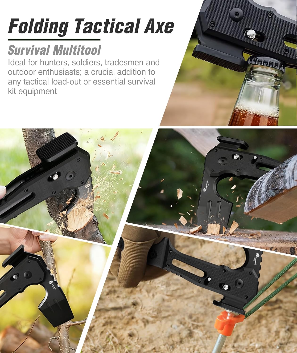 HX OUTDOORS Folding Hatchet Axe Survival Multitool, DC53 Steel Blade with Black Titanium, Camping Hatchet with Hammer, G10 Handle for Outdoor Gear,Various Tactical and Survival(Black)