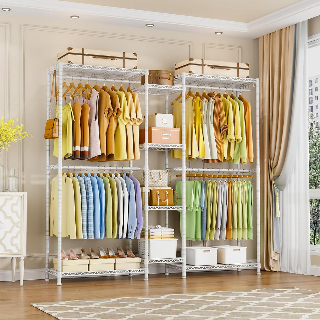 Ulif E4 Clothes Rack, Heavy-Duty Garment Rack, Metal Freestanding Clothing Organization Storage System Can Be L-shaped with Shelves and Hangers, Max Load 962lbs, 71.6' W x 14.5' D x 79.3' H, White