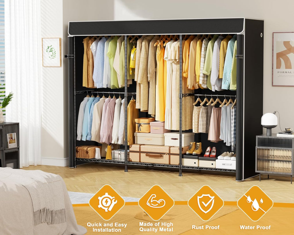 ULIFHOME E14C Pro Heavy Duty Closet Organizer System，Freestanding Clothing Racks for Hanging Clothes，Adjustable Garment Rack 69' W × 16' D × 77' H Hold 960 lbs，Black Rack with Black Dustproof Cover