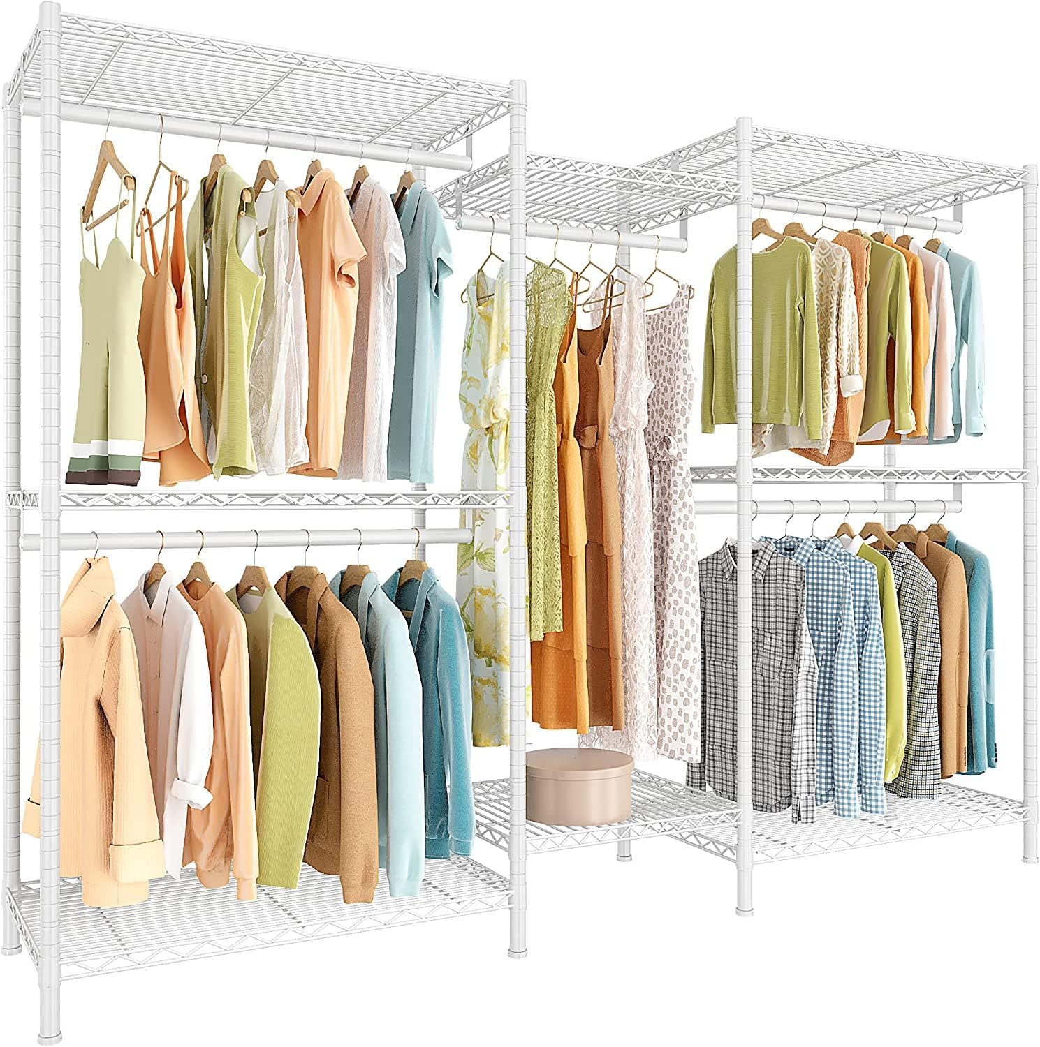 Raybee Clothing Rack for Hanging Clothes,Heavy Duty Clothes Rack with Shelves,Portable Closet,Adjustable,Metal,Max Load 900lbs,White