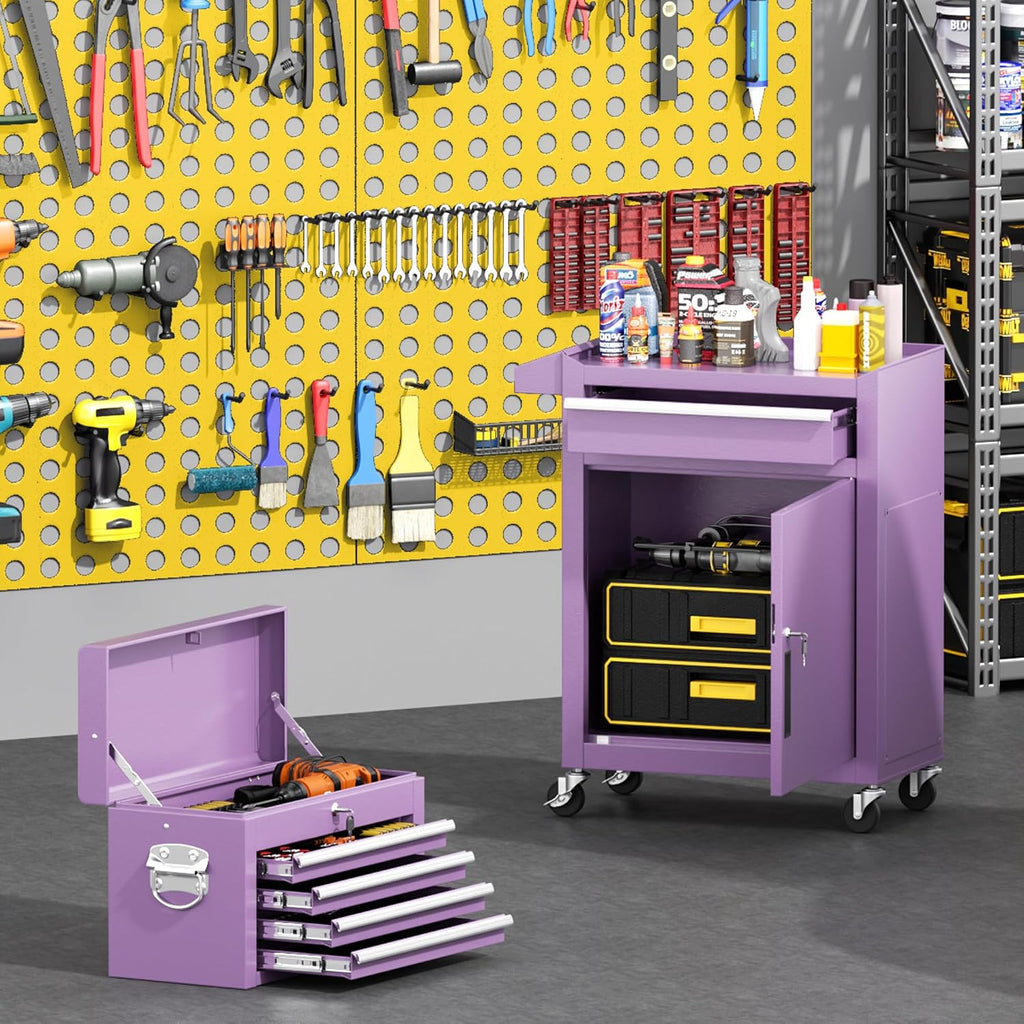 Greenvelly Tool Chest, 5-Drawer Rolling Tool Chest with Hooks and Lockable Wheels,Metal Storage Detachable Top Tool Box with Lockable Wheels for Garage,Workshop,Art Studio(Purple)