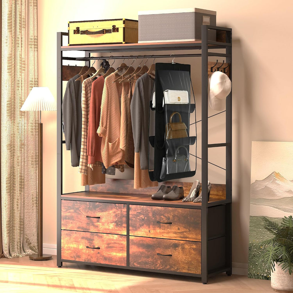 Clothes Rack with Drawers,Garment Rack with Shelves and Hanging Rod,Industrial Clothing Rack with bag storage,Freestanding Closet Organizer System for Storing Clothes,Shoes,bags, hats