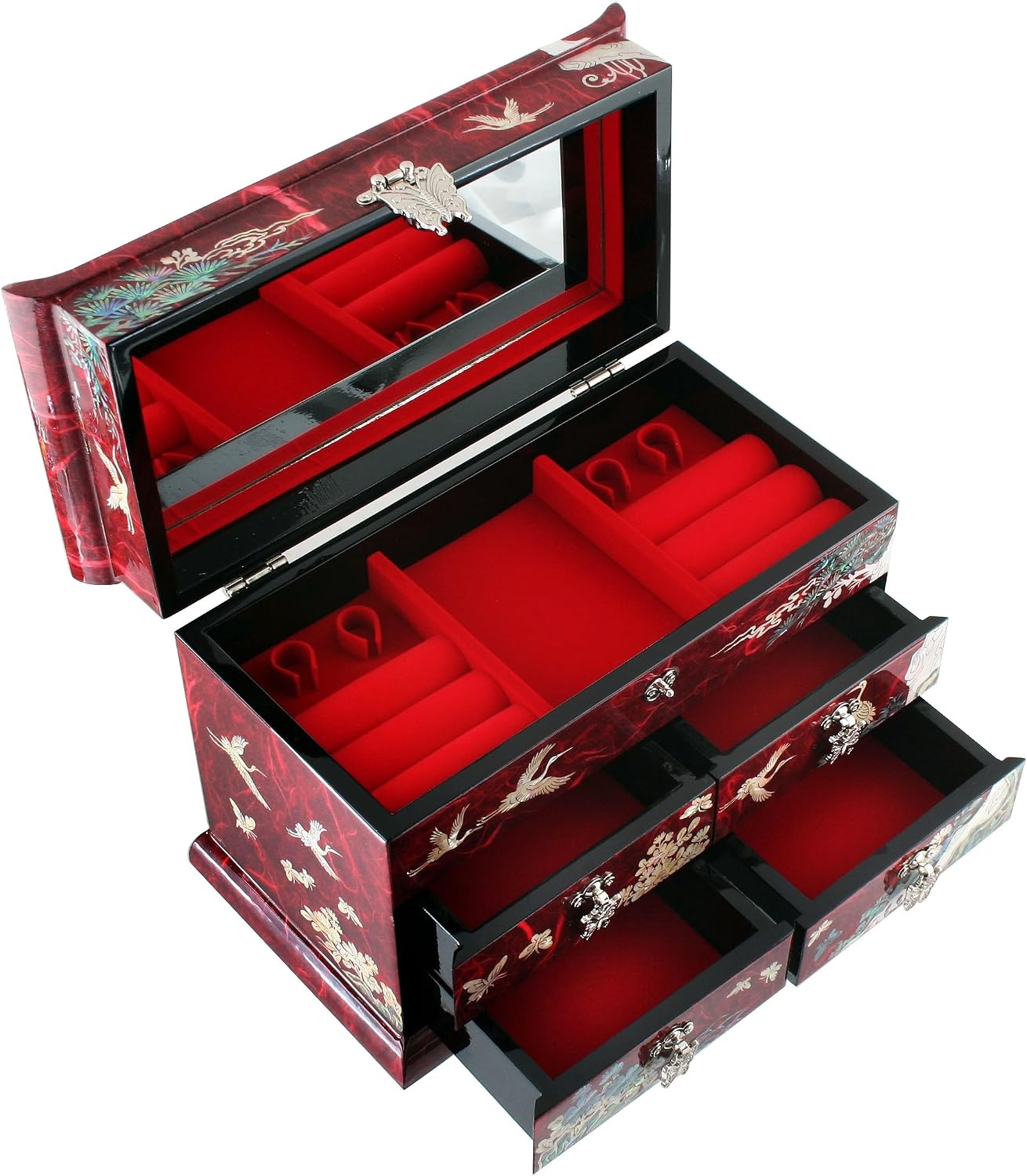 Mother of Pearl Crane and Pine Tree in Red Mulberry Paper Design Wooden Jewelry Mirror Trinket Keepsake Treasure Drawer Lacquer Box Case Chest Organizer