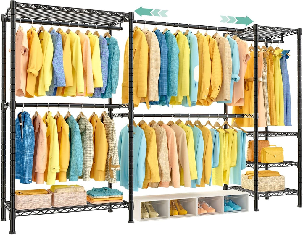 SEMHOR E01 Expandable Heavy Duty Clothes Rack, Free Standing Closet System Organizer, Adjustable Portable Carbon Steel Garment & Clothing Racks for Hanging Clothes (72.5-96'), 800LBS Max Load, Black