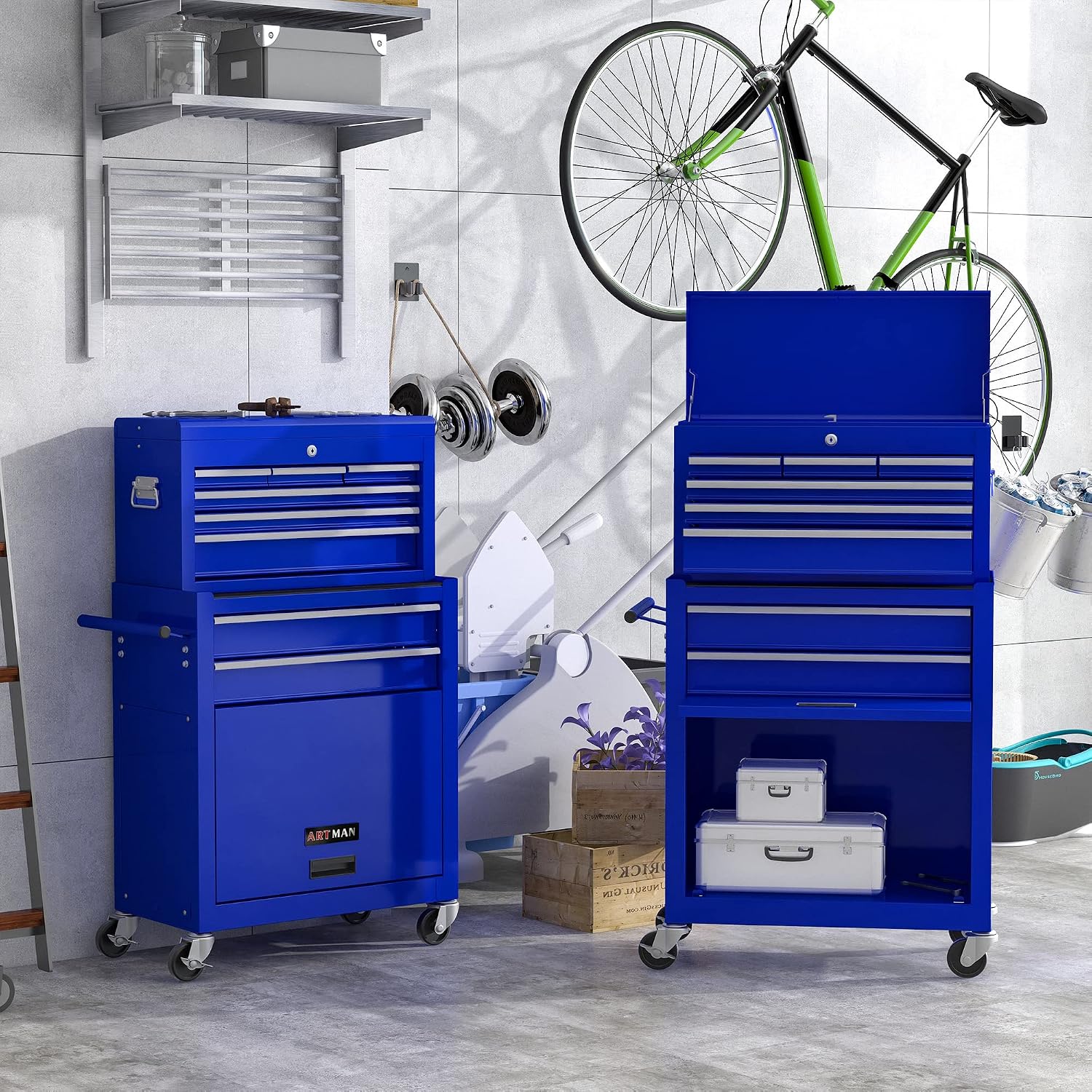 Campfun Rolling Tool Chest with Wheels, 8-Drawer Tool Box Organizer Tool Cabinet, Detachable Large Tool Cabinet with Lock, Mechanic Tool Cart High Capacity Tool Storage Cabinet, Blue