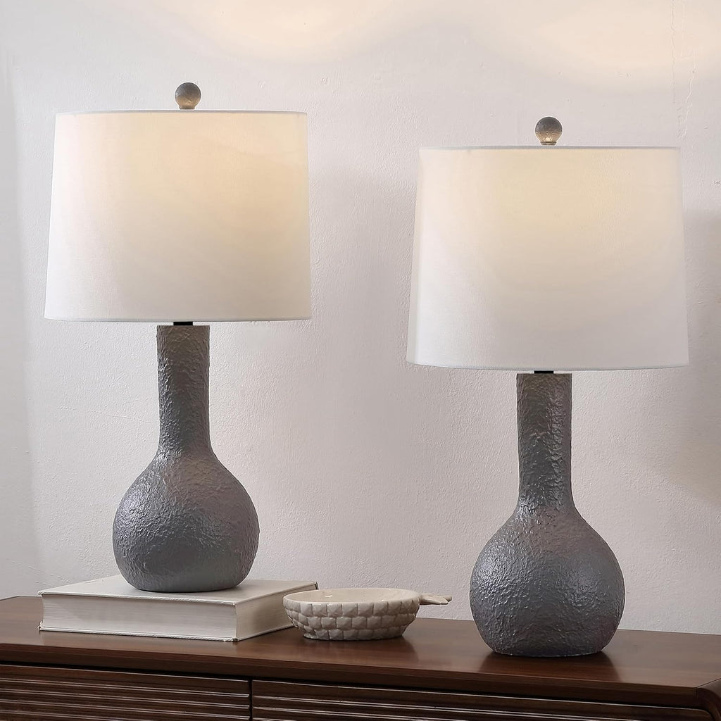 JONATHAN Y 24.75' Gray Modern Table Lamp Set of 2 for Bedroom, Scandinavian Textured Gourd Lamps for Living Room, White Linen Shade, LED Bulbs Included (JYL9207B-SET2)