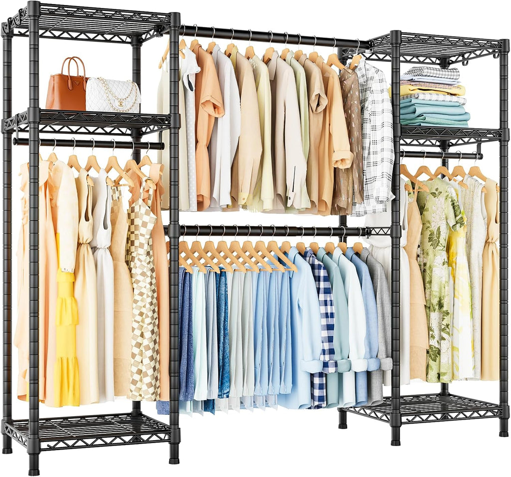 Ulif E7 Garment Rack, Heavy Duty Clothes Storage System with Extendable Hangers Rods, Metal Clothe Rack with 6 Wire Shelves, (52.3'-72') W x 14.5' D x 71.2' H, Load 838 LBS
