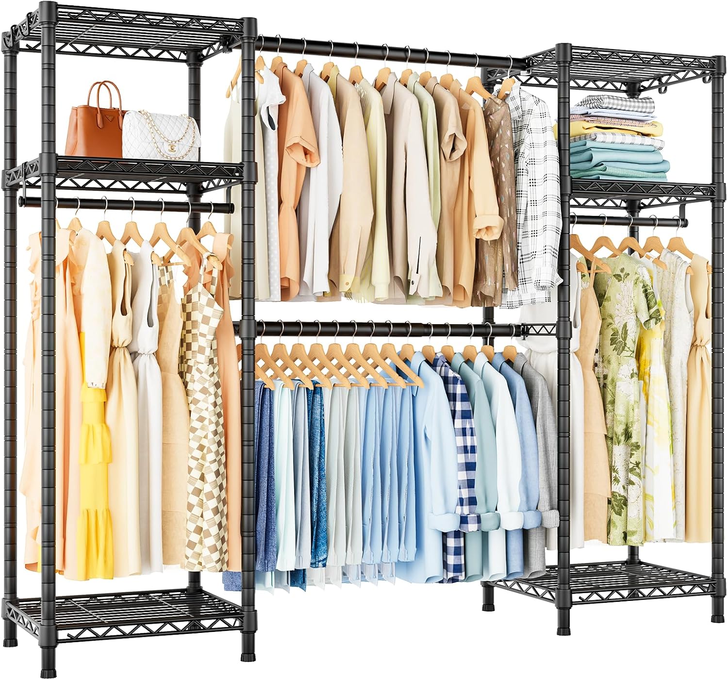 Ulif E7 Garment Rack, Heavy Duty Clothes Storage System with Extendable Hangers Rods, Metal Clothe Rack with 6 Wire Shelves, (52.3'-72') W x 14.5' D x 71.2' H, Load 838 LBS