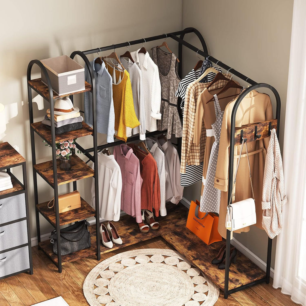 Tribesigns L Shape Clothes Rack, Corner Garment Rack with Storage Shelves and Hanging Rods, Space-Saving Large Open Wardrobe Closet for Bedroom
