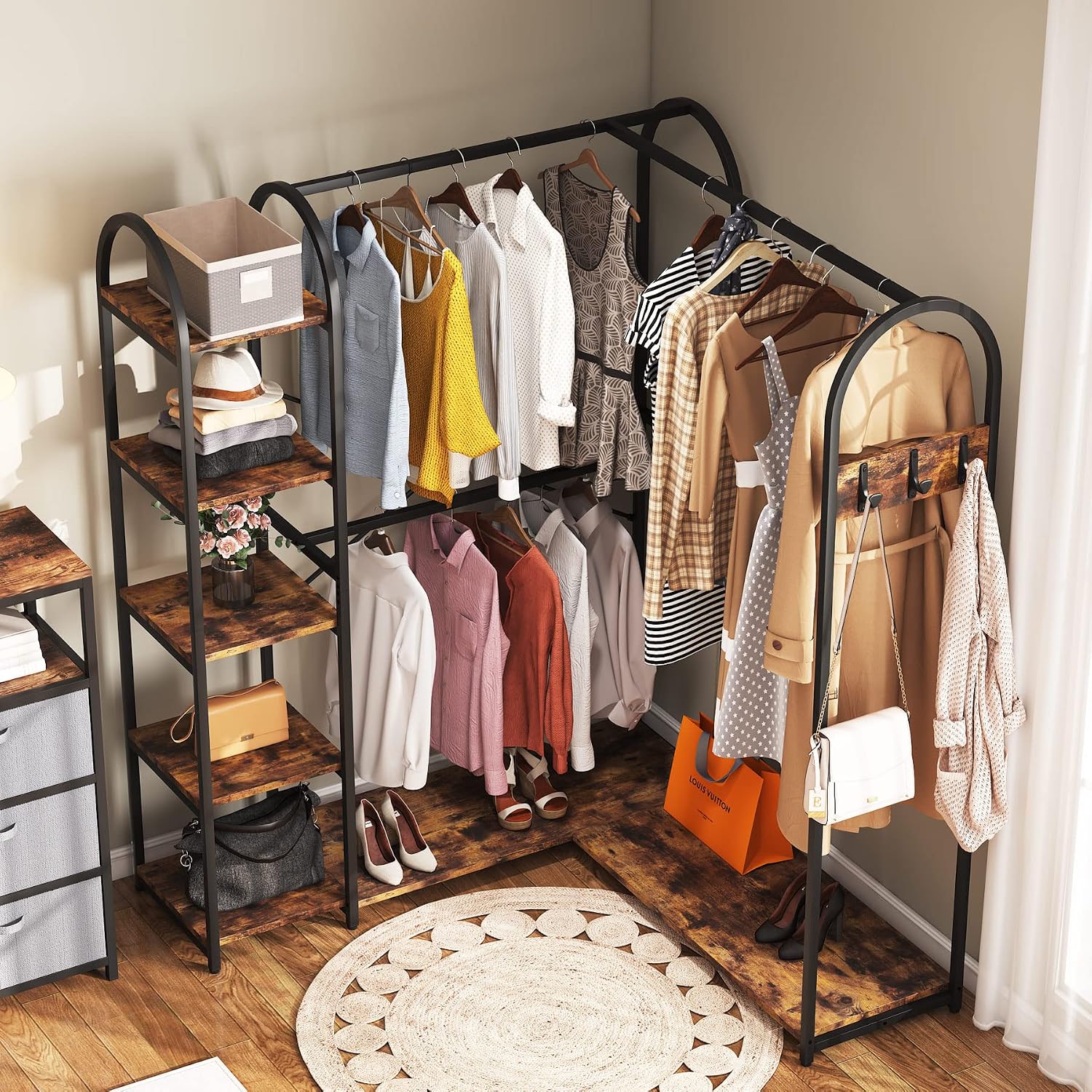 Tribesigns L Shape Clothes Rack, Corner Garment Rack with Storage Shelves and Hanging Rods, Space-Saving Large Open Wardrobe Closet for Bedroom