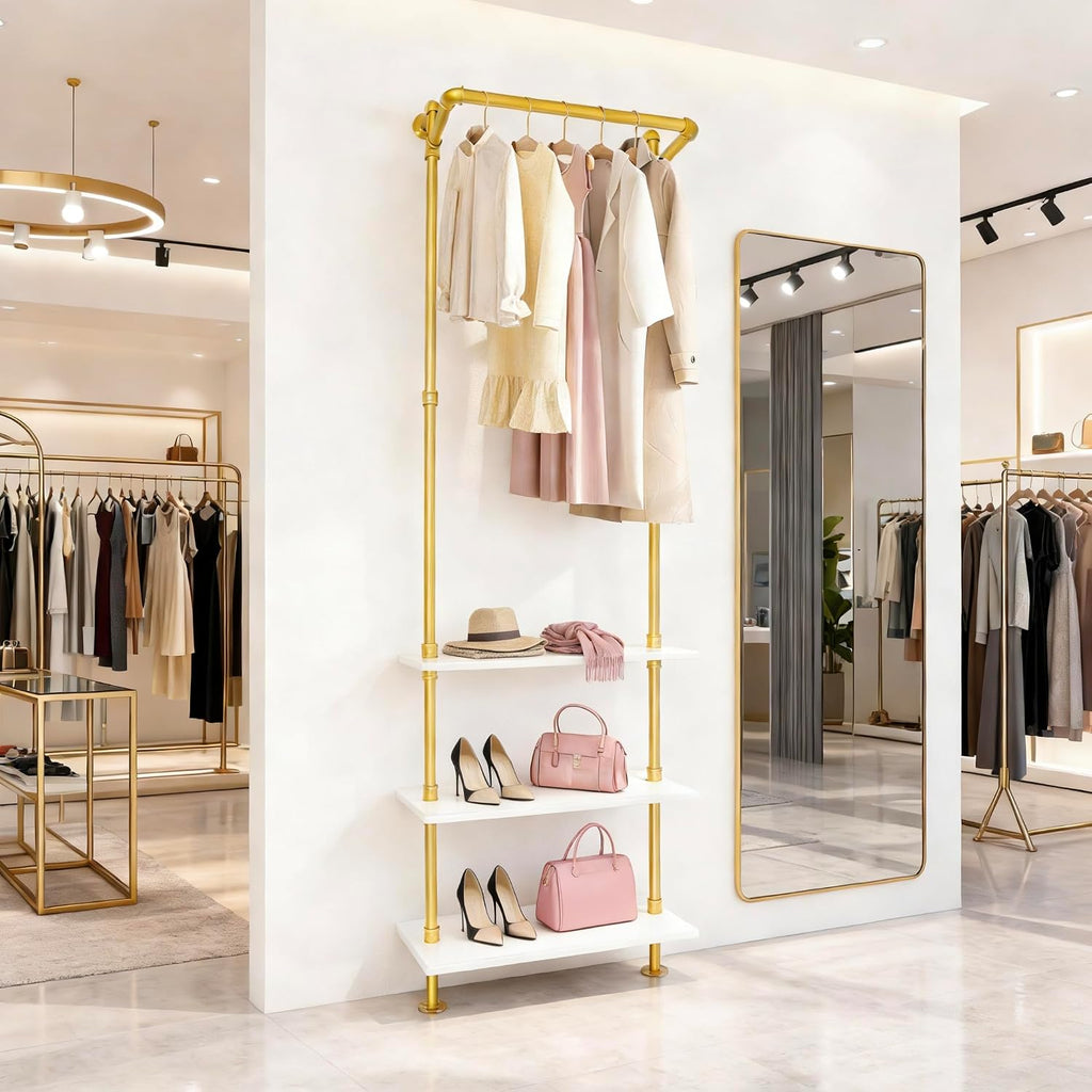 Gold Clothing Racks Wall Mounted Metal Clothes Rack with 3 Wood Shelves, Display Retail Clothing Garment Rack and Walk In Closet for Hanging Clothes Heavy Duty for Boutiques, Wardrobe, Bedroom