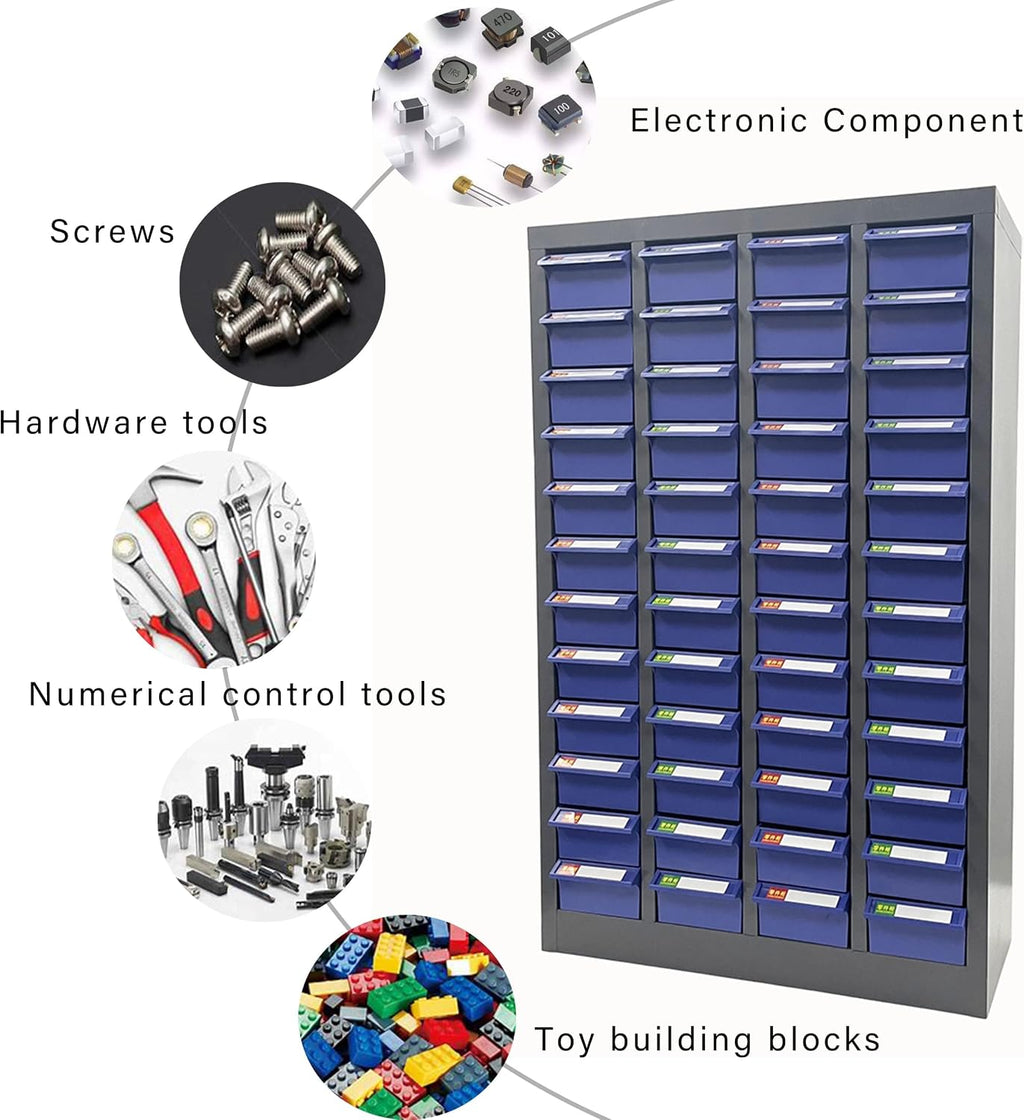 Parts Cabinet 48 Drawer Parts Drawer Storage Bolt Bins Organizer Storage Steel Tool Chest ABS/PS Material with Partitions and Labels