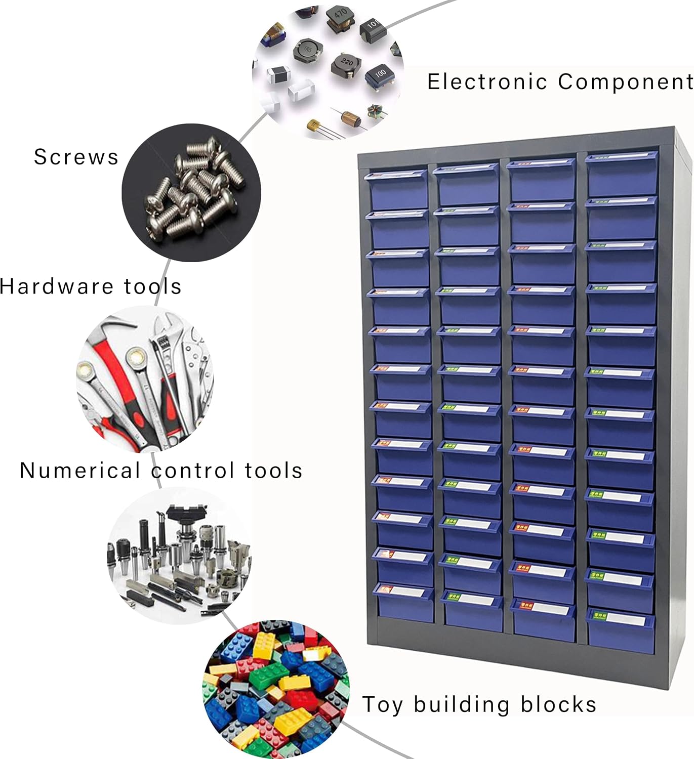 Parts Cabinet 48 Drawer Parts Drawer Storage Bolt Bins Organizer Storage Steel Tool Chest ABS/PS Material with Partitions and Labels