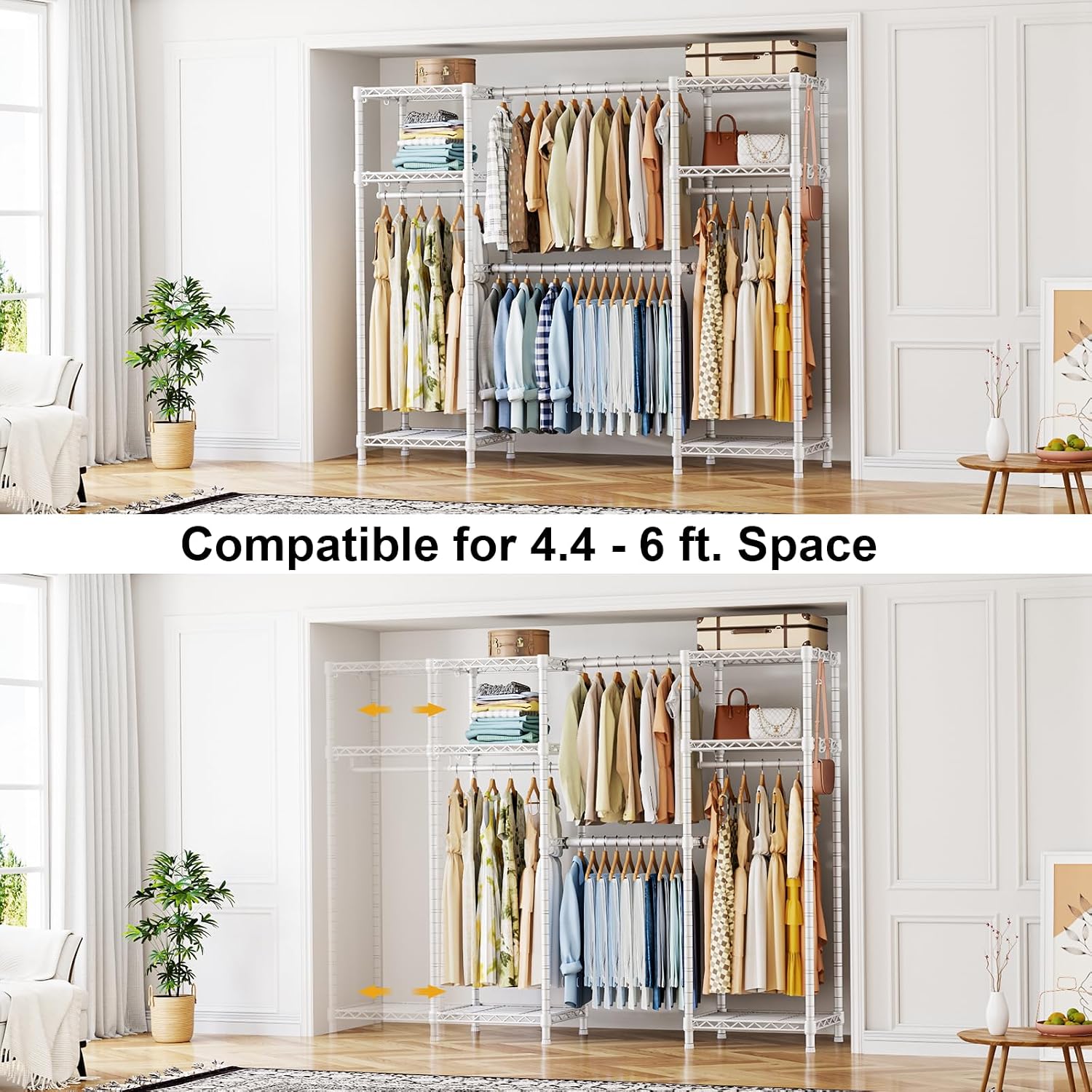 Ulif E7 Heavy Duty Garment Rack, Clothes Organizer and Storage Rack with Expandable Hangers, Metal Clothing Rack with 6 Wire Shelves, (52.3'-72') W x 14.5' D x 71.2' H, Load 838 LBS, White