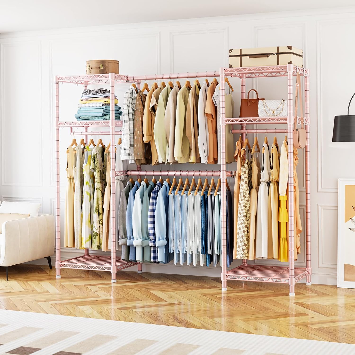 Ulif E7 Garment Rack, Heavy Duty Clothes Storage System with Extendable Hangers Rods, Metal Clothing Rack with 6 Wire Shelves, (52.3'-72') W x 14.5' D x 71.2' H, Load 838lbs, Pink
