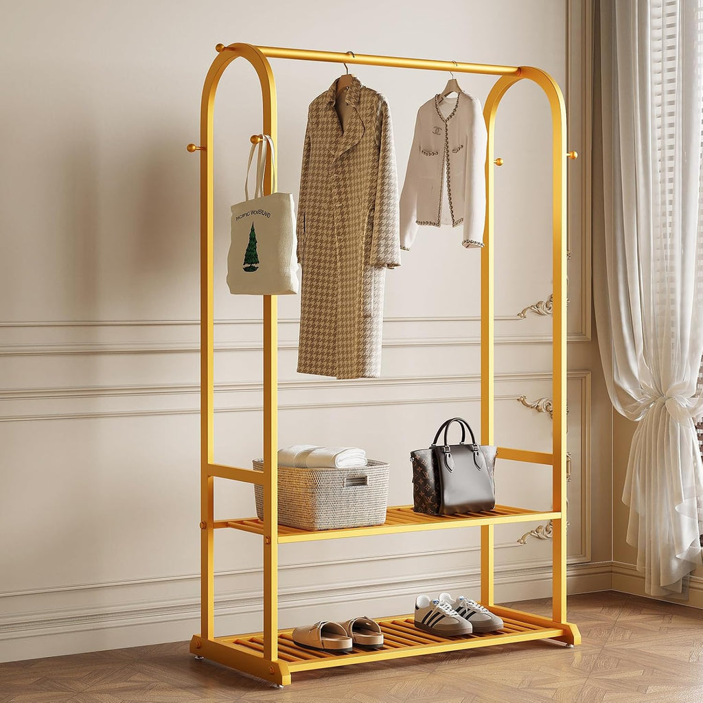 Gold Clothing Rack for Hanging Clothes,Sturdy metal clothes rack,Modern Garment Rack with Bottom Storage Shelves and 6 Side Hooks, Freestanding Wardrobe Rack for Bedroom or Closet